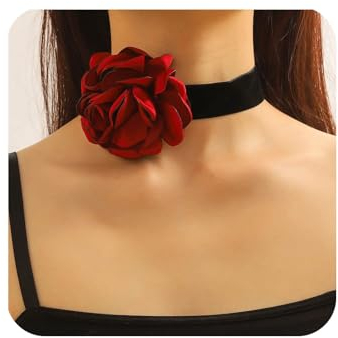 Yienate Schwarzer Samt Choker Rose Halskette Vintage Rote Spitze Floral Halsband Gothic Große Blume Braut Halskette Hochzeit Brautjungfer Halskette Cosplay Krawatte Halskette Geschenke Für Frauen