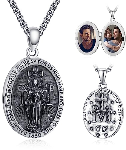 ADMETUS Foto Medaillon Wundertätige Medaille Sterling Silber Jungfrau Maria Kette Foto Heilige Maria Medaille Anhänger Schutz Schmuck Religiöse Geschenk für Herren