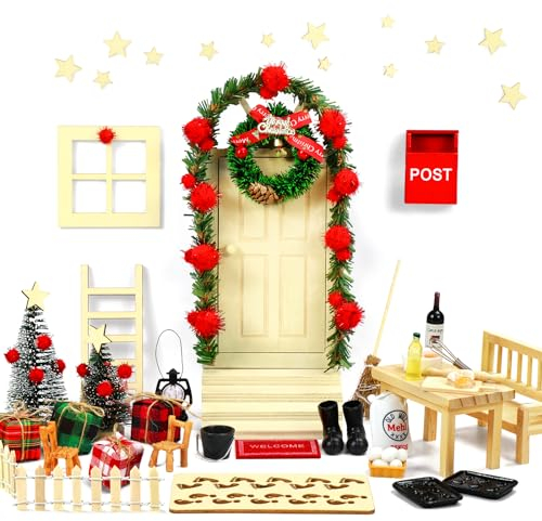 Weihnachtswichtel Set, Wichtel Set Weihnachten, Wichteltür Zubehör Weihnachten Set, Miniatur Weihnachtswichtel Tür 73pcs, Holz Wichtel Tür Deko Briefkasten Stiefel Weihnachtsbaum Leiter Küchen-Backset