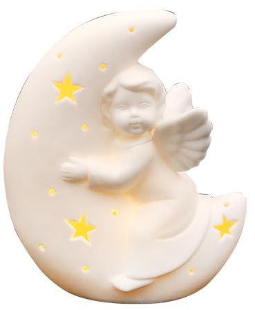 Dekohelden24 Porzellan LED Mond mit Engelfigur in weiß, L/B/H 10,8 x 6,2 x 12,7 cm.