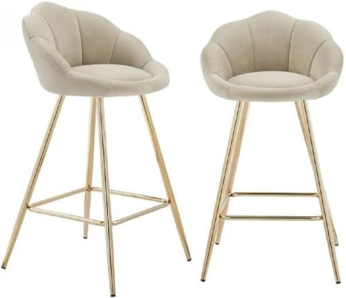 BAÏTA Lot de 2 tabourets Corail en Velours Beige avec Pieds dorés