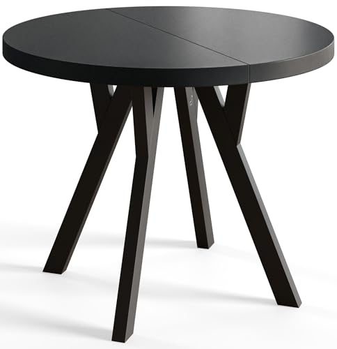 AlpiMeble Runder Esszimmertisch OVO, ausziehbarer Tisch Durchmesser: 100 cm bis 200 cm, Wohnzimmertisch Farbe: Schwarz, mit Holzbeinen in Farbe Schwarz