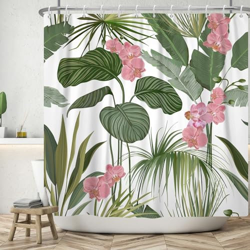 ASDCXZ Rideau de Douche Feuilles 180x180 cm, Feuilles de Bananier Tropical Vert Printemps Fleurs Roses Fleurs Blanches Jardin Lavables Textile Rideau de Bain imperméable pour Baignoire