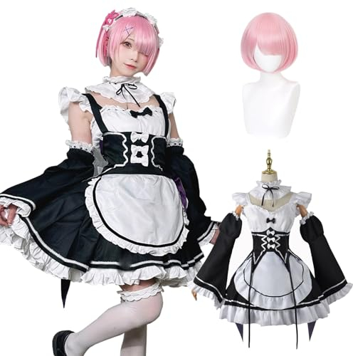 Fiamll Anime Ram Cosplay Kostüm Outfit Re Life In A Different World From Zero Maid Kleid Uniform Komplettes Set Karneval Dress Up Anzug mit Perücke für Frauen Mädchen S