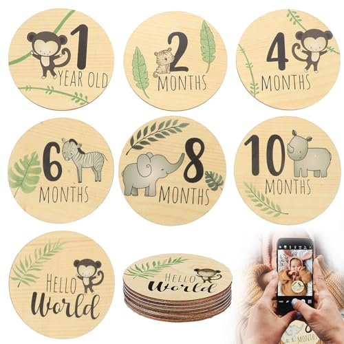 Baby Milestone Cards - 7pcs Wooden Newborn Monthly Milestone Signs, Double-Sided Baby Announcement & Welcome Cards for Photo Props & Baby Shower Gifts