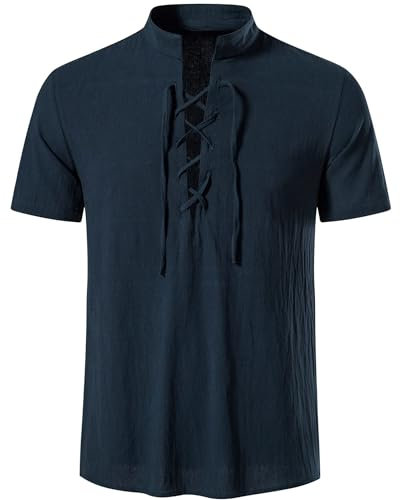 AUDATE Herren Leinenhemd Baumwolle Sommer Kurzarmhemd Schnürhemd Schottisches Ghilliehemd Marine M