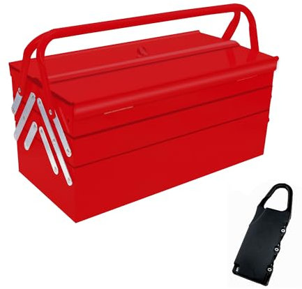 MANUFORE Grande Boîte à Outils Rouge Vide en Métal 41,5 cm (16 pouces), Caisse à Outils Portable de Rangement en Porte-à-faux à 3 Niveaux et 5 Plateaux, Boîte à outils Pliable Professionnel