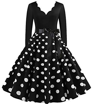 EFOFEI Women's Long Sleeve Solid Color Retro Dress Long Sleeve Polka Dot Holiday Dress Empire Waist Cap Sleeve Dress BLK S