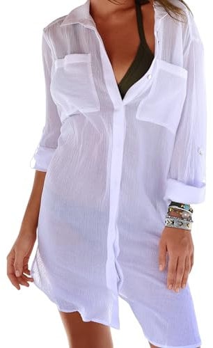 Minicoco Women's Beach Cover Up Bikini Cardigan Chiffon Swimsuit Beach Dress Beachwear with Pocket Button Beach Shirt V Neck 3/4 Sleeve Bikini Coverups Slimming Swimwear (Acrylic, White)