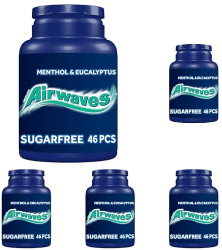 Airwaves Chewing Gum Bottle, Sugar Free, Menthol & Eucalyptus, 46 Pieces (Pack of 5)