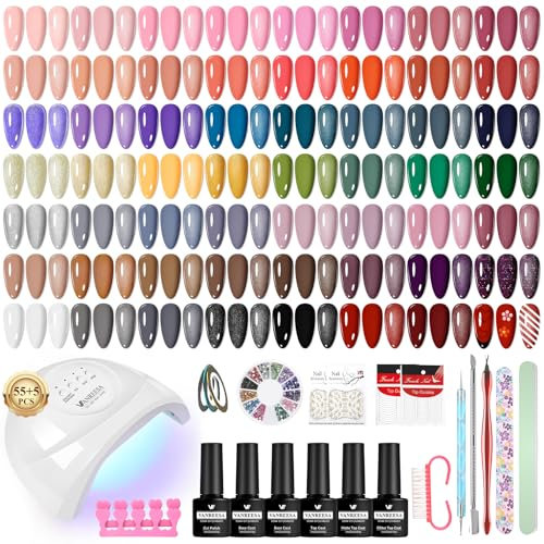VANREESA Kit Verni Semi Permanent, 55 Colours Kit Ongle Gel U V Complet 77 PCS avec Top Base Mat Pailleté Coat et Lampe LED 48W U V et Outils de manucure, Kit Manucure pour Débutants