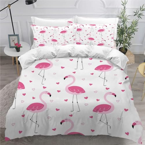 AASIRA Flamingo Bettwäsche 135x200 Kinder Bettwäsche Weiß Weiche Mikrofaser Bettbezug mit Reißverschluss Jungen Mädchen Bettwäsche-Set 3D Motiv Bettbezüge mit 2 Kissenbezug 80x80