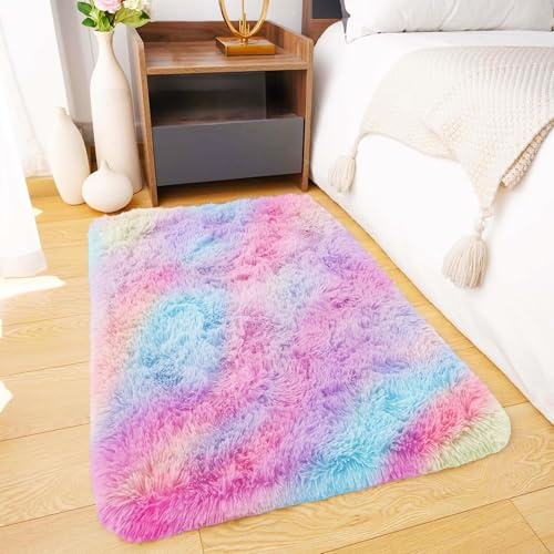 BedLooms Rugs Living Room 60x110 cm – Rainbow Area Rugs for Bedroom Anti Slip – Modern Super Soft Plush Carpets Fluffy Shaggy Rug for Lounge, Dining Room – Non Shedding Bedside Rug for Kids Room