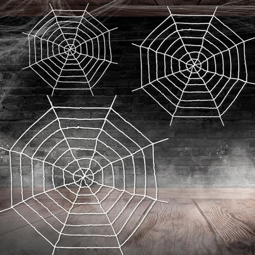 3 Stück Halloween Weiß Spinnennetz Dekoration Gruselige Realistische Spinnennetz Seil Requisiten mit elastischem Seil für Halloween Hof Zimmer Wand Fenster Tür Spukhaus Dekoration