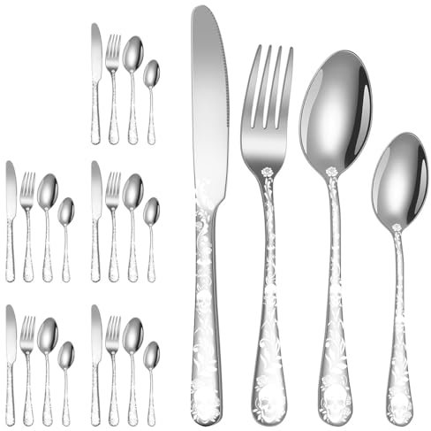 XIAOYU Halloween Skeleton Silverware Set, 24 Piece Stainless Steel Flatware Set Service for 6, Gothic Skull Cutlery Set Utensils for Halloween Easter Christmas, Silver