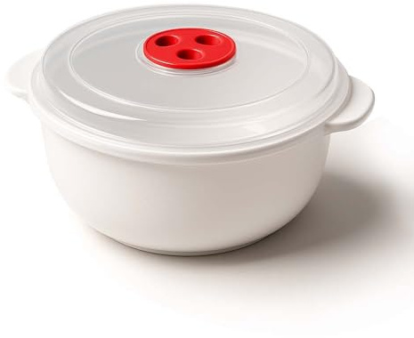 Concept4u White All in One Micro Pot Tub with Lid & Steam Release Valve 2 Liter Round Multipurpose Microwave Bowl Dishwasher & Freezer Safe Ideal for Home, Office, Kitchen, Food Storage