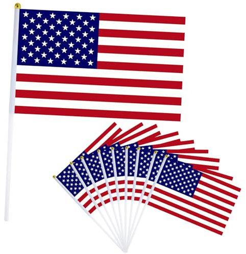10 piezas Bandera de Mano Estados Unidos,Pequeña Personalizada Banderas con Mastil para Decoración Patio,Balcón,Jardin,Barra, Juegos de Fútbol,Eventos Deportivos,Día Nacional,Fiesta de Estados Unidos