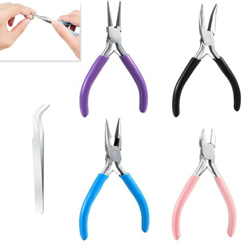 4 Pièces Pinces à Bijoux, Pince a Bijoux Creation pour la Création et la Réparation de Bijoux Comprend Pinces à Becs Aiguilles Pinces à Bec Long Pinces à Becs de Chaîne Coupe-fil et Une Pince à épiler