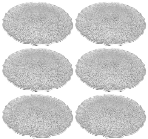 AC - Pack de 6 Bajoplatos Reutilizables Redondos de plástico - Modelo Eri - Plato Llano Decorativo - Bandeja para presentación de Dulces, Navidad, turrón, Pasteles (Plateado - Ø 33 cm)