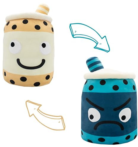 FLUFFHEARTS Bubble Tea Kuscheltier zum Wenden 28 cm Cute Plushie Squishy Kawaii Plushie Boba Booba Kuschelkissen Kinder Kuscheltiere Mädchen Boba Perlen Plüsch Stofftiere Anime (Blau/Gelb)