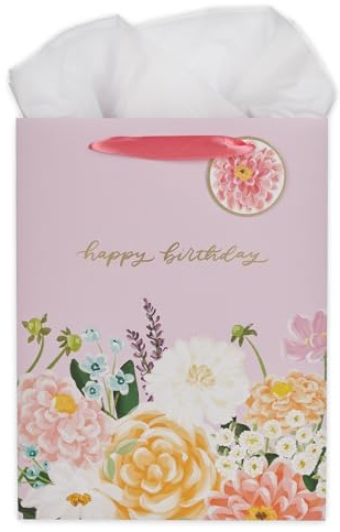 Christian Art Gifts Large Portrait Inspirational Gift Bag, Tag & Wrapping Tissue Paper Set for Women: Happy Birthday Golden Greeting Message, Easy Carry Satin Ribbon Handles, Pink Multicolor Floral