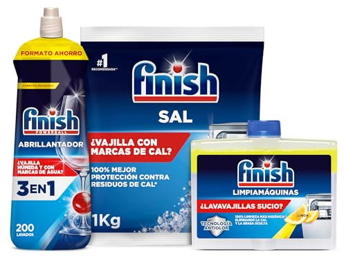 Pack Finish - Sal 1 Kg, Abrillantador Lavavajillas 800 ml y Líquido para Lavavajillas Lemón 250 ml