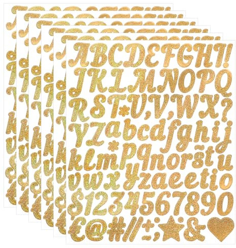 Giantree 6 Blatt Buchstaben Zahlen Aufkleber Set, 1in Glitzer Buchstaben Aufkleber, Selbstklebend Wasserdichte Vinyl Sticker für Hochzeit Geburtstag Briefkasten DIY Scrapbooking(Gold)