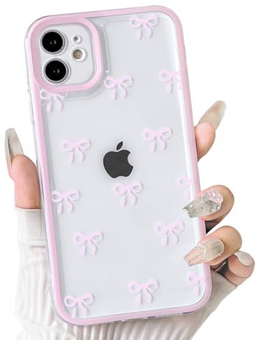 NITITOP Compatible with iPhone 12 Mini Case Cute Clear Pink Durable Ribbon Bowknot Pattern for Girls Women Soft TPU Transparent Full Camera Lens Shockproof Protective Phone Cover - Pink