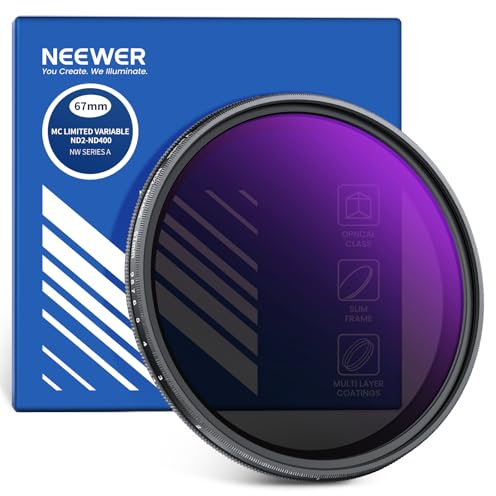 NEEWER Filtro ND2-ND400 Variabile, Filtro a Densità Neutra Regolabile Limitato con Stop Ripido, Vetro Ottico Antigraffio Idrorepellente Multistrato, Telaio Sottile in Alluminio, 67mm