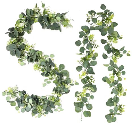 Künstlich Girlande,Eukalyptus Pflanze Girlanden 180cm Weidenblättern Grüne Blätter Blume Eukalyptus Deko,Künstliche Efeu Girlanden, Pflanzen Girlande, für Hintergrund Hochzeit Dekoration Tischläufer