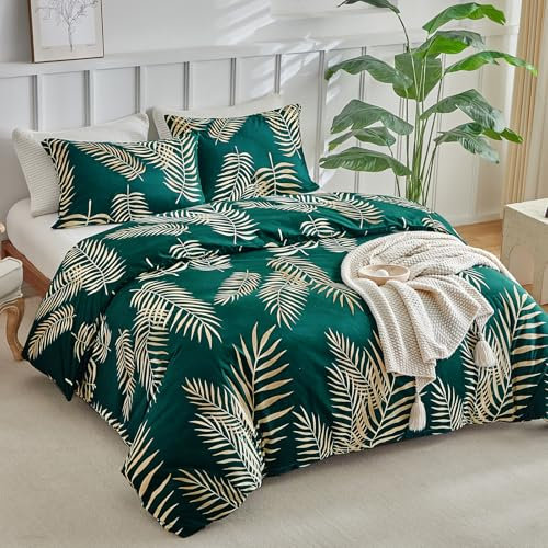 Tokokimo Parure de lit double vert émeraude - Motif feuilles tropicales dorées (1 housse de couette et 2 taies d'oreiller) - Vert - 200 x 200 cm - Feuilles tropicales