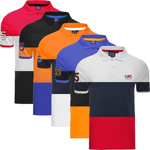 WJL WHISPERING JONES LONDON Mens 5-Pack Polo Shirts Striped Casual Short-Sleeved Collared T-Shirts, Multi-Pack Ideal for Work or Weekend Outfits, 5 Pack Block Stripe, L