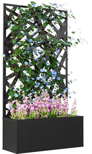 Outsunny Letto per Orto Rialzato da Esterno, Fioriera con Traliccio con Motivi Asimmetrici per Piante Rampicanti in Metallo, Montaggio a Parete o Autoportante, per Piante e Fiori, 61x23x113 cm, Nero