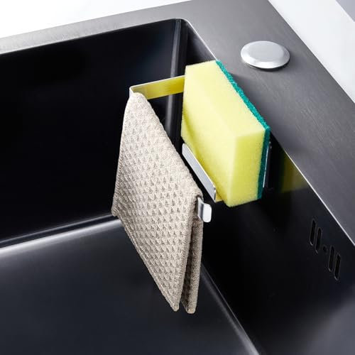 Porte éponge évier, porte torchon autocollant, porte éponge à vaisselle cuisine 2 en 1, porte torchon en acier inoxydable pour torchon, éponges, brosse et bouchon d'évier