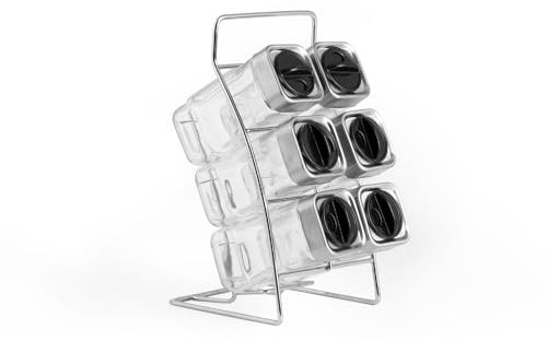 H&H Porta Spezie Girevole con 6 Barattoli in Vetro – Stand in Acciaio Inox | Eleganza e Ordine in Cucina
