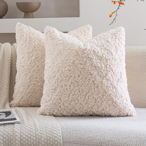 Neelvin 2er Set Kissenbezug Kunstpelz Pelz Plüsch Dekorative Kissenbezüge Sofakissen Kuschelig weich Couchkissen Dekokissen für Couch Sofa Wohnzimmer Schlafzimmer Beige 45 x45 cm