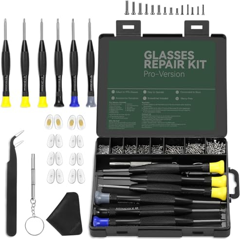 Glasses Repair Kit with Magnetic Screwdriver Set, Screws & Soft Nose Pads - Portable Mini Spectacle, Sunglasses & Watch Repair Tool Kit with Tweezers