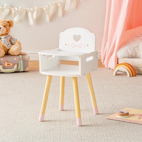 ROBUD Dolls High Chair for Pretend Play, Wooden Baby Doll Highchair with Feeding Tray, Heart & Bow Design, Dolls Furniture for Dolls under 18, Girls Gifts Toy Age 3+, White