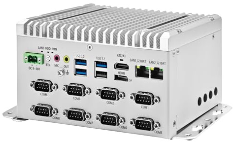 Fanless Mini PC i7 1255U (10C12T, up to 4.7GHz), 2 x i210AT Gigabit LAN, Lüfterloser Industrial Computer Din Rail, 32GB RAM 1TB NVMe SSD, 8 x RS232 COM, Dual Display, 3USB3.2, 9-36V Auto Power On