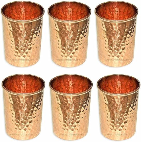 HRS India - Vaso de agua martillado de cobre puro, vaso de vidrio para beber, 300 ml, juego de 6