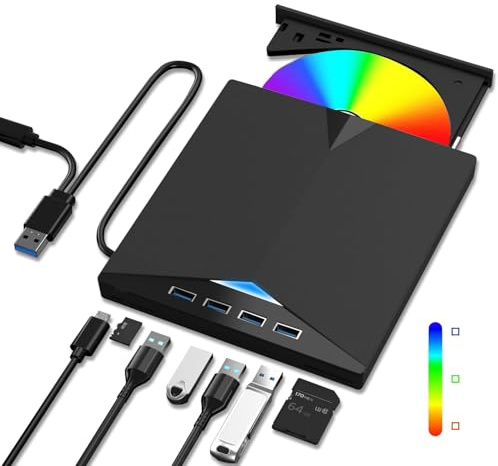 VZIKLER 8 in 1 Portable External Blu-ray Drive, External Blu Ray Drive USB 3.0 Type-C, CD DVD Reader 3D DVD Player Writer, Slim Optical Bluray Drive for Laptop Windows XP/7/8/10