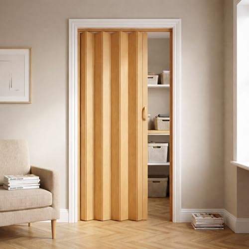 NOVECRAFTO PVC Folding Door, 32 x 80 in, Brown Oak | Wood-Effect Concertina Door, Smooth Glide, Magnetic Closure, Moisture-Resistant PVC and Easy Installation, Space-Saving