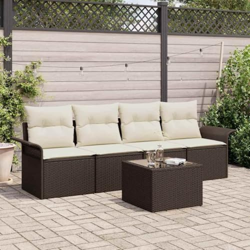 YunCangg Sofa Set mit Kissen 5-teilig Braun Poly-Rattan Garten Möbel Set wetterfest modular mit Stauraum für Terrasse Balkon Outdoor Lounge Relaxen