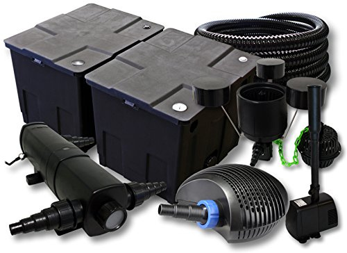 SunSun Komplettset: CBF-350B Teichfilter bis 60000 L, CTF-6000 Teichpumpe 6000l/h 40W, CUV-224 Teichklärer 24W, 25m Teichschlauch 25 mm, CSP-250 Skimmer 2500l/h 45W, HJ-943 Springbrunnen 800l/h 16W