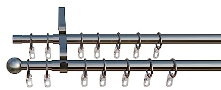 Tilldekor ausziehbare Gardinenstange FORMENTOR, 2-Lauf, edelstahl optik, Ø 16/19 mm, 120 - 230 cm, inkl. Trägern und Ringen