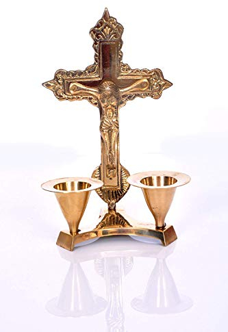 HASHCART® Katholisches Kruzifixkreuz mit Kerzenständer – Kerzenhalter (15,2 cm) – Jesus Christus Statue & Figur für Tischdekoration | Heimbüro Dekor | Kirche
