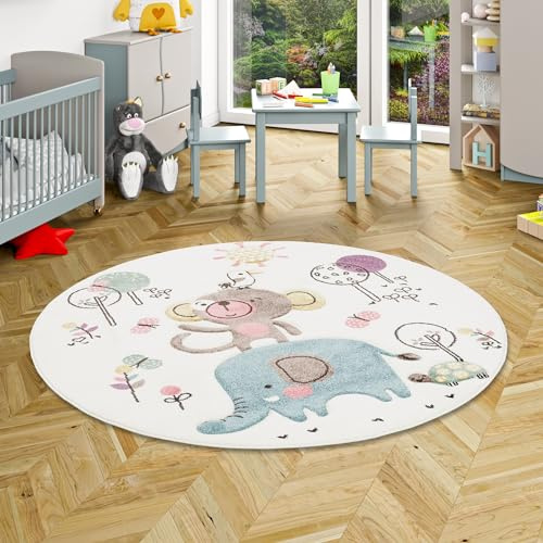 Maui Kinder Teppich Kids Lustige Tiere Creme Bunt Rund in 2 Größen