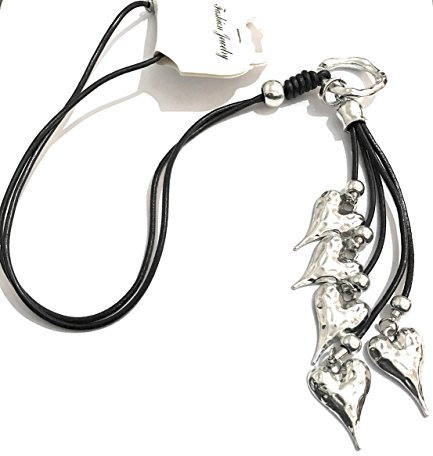 lagenlook Silber mehrere Herzen abstrakte Halskette Anhänger an lange schwarze Lederkette Modeschmuck