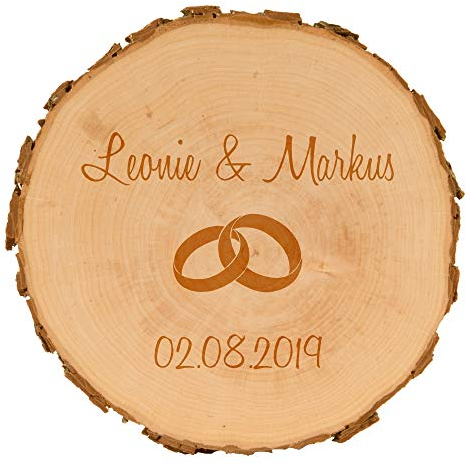 Baumscheibe Ringe zur Hochzeit - personalisierte Holzscheibe - Geschenkidee zum Hochzeitstag - naturbelassen - Dekoration - Wanddeko (ca.15,5-18 cm)