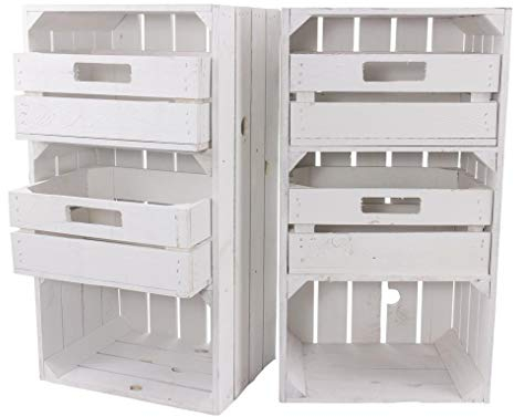 Kontorei® Weiße Regalkiste mit 2 Schubladen 75cm x 40cm x 31cm 2er Set Obstkisten Weinkisten Schrank Holzbox Shabby chic Weiss Nachttisch DIY modern Möbel Garten
